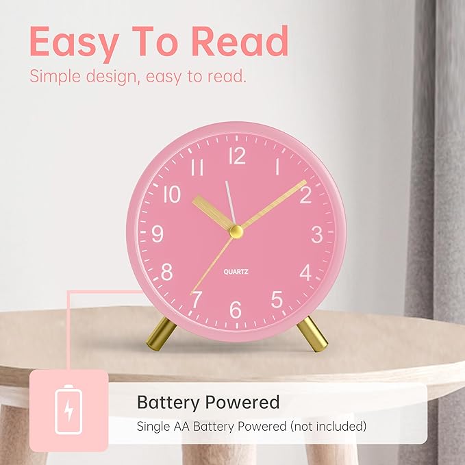 Analog Alarm Clock, 4 inch Super Silent Non Ticking Small Clock with Night Light, Battery Operated, Simple Design, easy setting for Office, Bedroom, Bedside, Desk, teens, elders, kids, adult, Pink