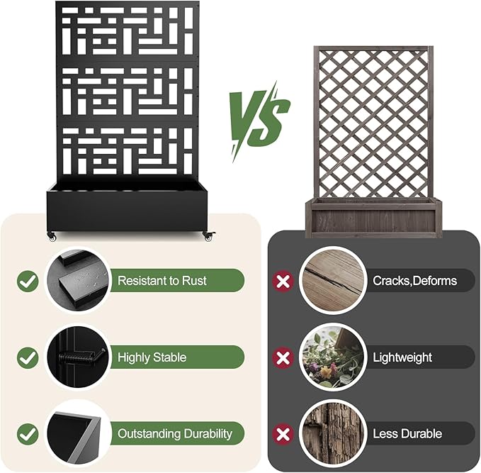 Metal Planter Box with Trellis, 71"x 47"x 16" Raised Garden Bed with Trellis & Wheels, Privacy Planters for Patio, Planter Box with Drainage Holes for Climbing Plants, Flower, Vegetable