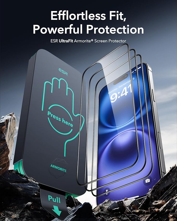 ESR 3 Pack 9H+ Glass for iPhone 16 Plus/iPhone 15 Plus Screen Protector, [Military Grade Shatterproof & Longest Durable] Armorite Ultra-tough Full Coverage Tempered Glass with UltraFit Tray