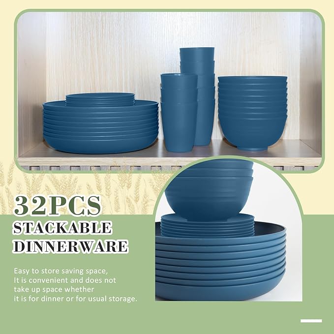 Wheat Straw Dinnerware Set of 32,Unbreakable Dinner Plates and Bowls Dishes Sets Service for 8,Dishwasher Safe Dinnerware Sets for Kitchen and Camping.Navy Blue