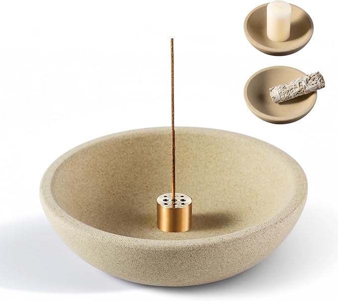 Koville Natural Marble Incense Holder, Incense Holder for Sticks with 9 Holes, Handmade Incense Burner Ash Catcher for Meditation Yoga SPA, Balsam Fir/Palo Santo/Sage/Cone (Sandstone-Brown)