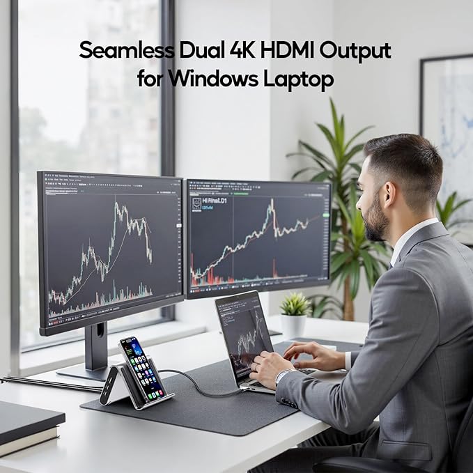 USB C Docking Station Dual Monitor, PULWTOP Laptop Dock for Windows, Laptop Docking Staion Stand with 2xHDMI 4K,3xUSB-C/A 10Gbps,2xUSB-A 5Gbps,RJ45,PD for Surface Pro11/10/9/8/Dell/HP/Lenovo/Asus/Acer