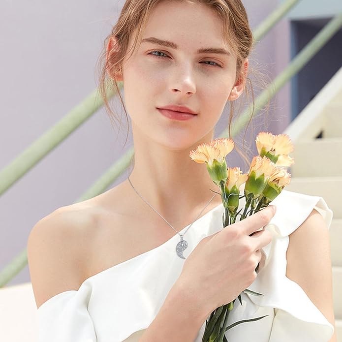 Yin Yang Necklaces 925 Sterling Silver Friendship Sun Moon/Mountain/Dolphin/Tree of Life/Flower/Wings Pendant Necklace Moonstone Abalone Opal Jewelry for Women Men Couples