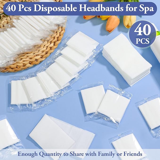 40 Pcs Disposable Spa Facial Headbands, Stretch Headband Wrap with Adjustable Magic Tape, Esthetician Spa Headband Stretch Non-Woven Facial SkinCare for Women Sport Yoga Salon Shower