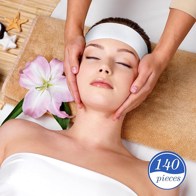 Waydress 140 Pieces Disposable Spa Facial Headbands with Convenient Closure, Stretch Facial Headwraps Soft Skin Care Hair Band for Women Salons(White)