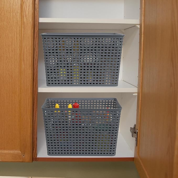 Anbers 6 Pack Plastic Weave Basket for Shelves, Stackable Storage Basket with Lid, Dark Grey