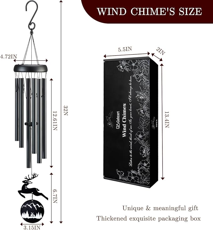 Wind Chimes for Outside, 32" Memorial Wind Chimes for Loss of Loved One Mother Father, Memorial Sympathy Gift Outdoor Garden Patio Decor, Deer Xmas Decorations (Black)