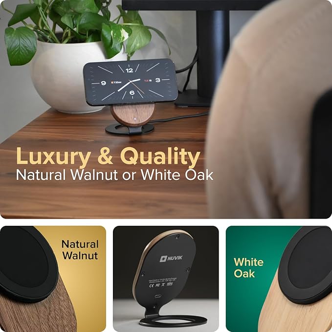 ARK Uno - Solid Wood MagSafe Stand Magnetic Wireless Charging Station w/Adapter & USB to USB C15W Wireless Charger. for iPhone 12-17 & Some Samsung. Home, Office, Kitchen,Best Mens Gifts!