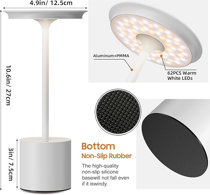 2Pack Cordless Table Lamp, Portable Rechargeable 6000mAh Outdoor Table Lamp, 3 Color Stepless Dimming Battery Powered Lamp, LED Table Light for Dinner/Bedroom/Restaurant/Outdoor (White)