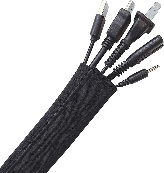 Hook and Loop Cable Sleeve by Wrap-It Storage - 120" x 4.5" Black - Cut to Size Cord Organizer and Cable Protector for Desk, TV Cord Management to Hide and Cover Wire and Extension Cords