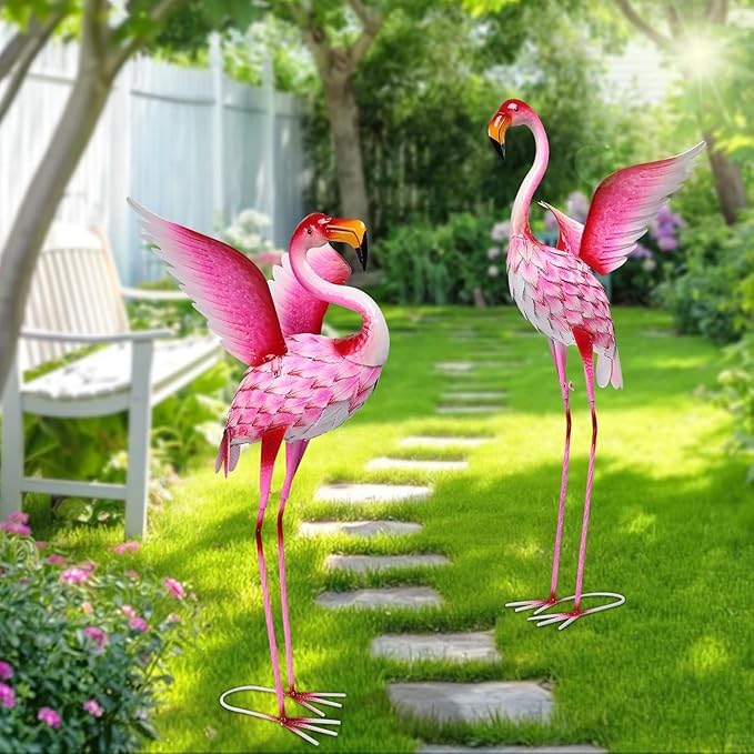 MUMTOP Flamingo Garden Statues for Outside, 2 Pack Flamingos Garden Sculpture Statue, Large Bird Yard Art for Backyard Pond Patio Porch Decoration