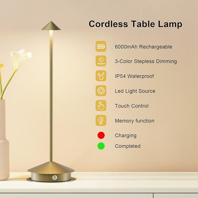 2-Pack 6000mAh Rechargeable Led Table Lamp Cordless,3000K-6000K Stepless Dimming Touch Lamps with Memory Function,IP54 Waterproof Aluminum Table Light for Outdoor/Bars/Restaurant/Patio(Gold)