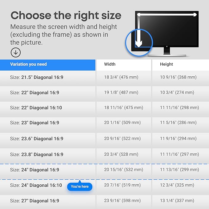 24 inch Blue Light Blocking Screen Protector Panel for 16:9 Widescreen Computer Monitor and Laptop - PC Anti-UV Eye Protection Filter Film - Anti-Scratch Diagonal Frame Shield [2 Pack]