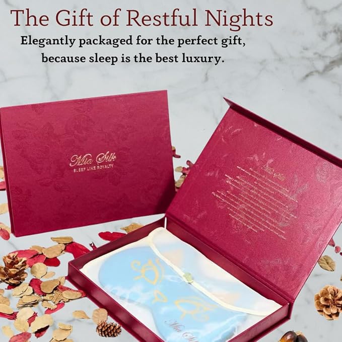 Silk Sleep Mask Blindfold Eye Mask for Sleep Cute Cat Print Embroidered Eye Cover Adjustable Oversized Egyptian Bastet with Gift Box&Pouch（Nefertari Blue-Adjustable Strap）