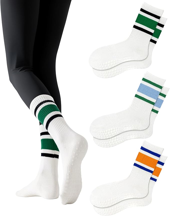 Yawlsow 3 Pairs Pilates Grip Socks for Women Yoga Grippy Striped Retro Crew Socks Non Slip Sticky Barre Sock with Grippers