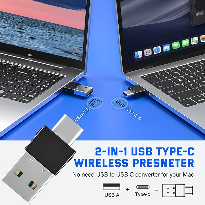 2-in-1 USB Type C Presentation Clicker Wireless Presenter Remote with Laser Pointer, RF 2.4GHz USB C PowerPoint Clicker Slide Advancer for Computer/Mac/Laptop