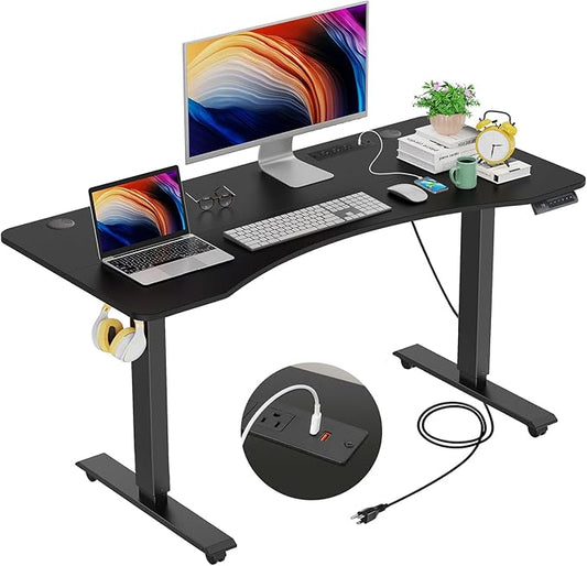 farexon Electric Standing Desk Adjustable Height, 48x24 Inches Stand Up Desk with Outlet, Lockable Casters,27''-46'' Lifting Range Home Office Computer Desk（Black）