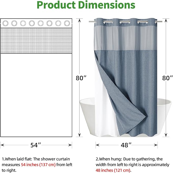 Stall No Hooks Needed Linen Textured Shower Curtain with Snap-in Fabric Liner Set,Hotel Luxury Decor Farmhouse Shower Curtains for Bathroom,Waterproof & Washable,54Wx80H,Blue Grey