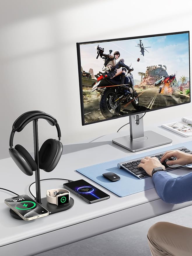 TopMade 5 in 1 Headphone Stand for Desk with Wireless Charger & USB Charging for iPhone/AirPods/iWatch, Universal Desktop Gaming Headset Holder for Airpods Max, Bose, Beats, Razer and More, Black