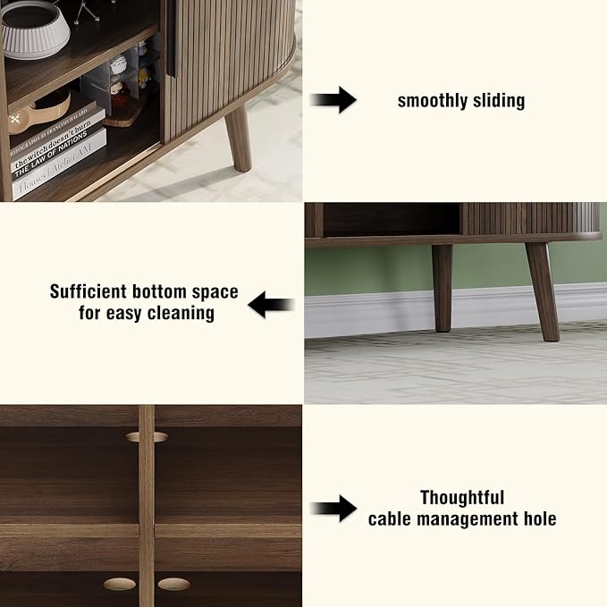 Fluted TV Stand Mid Century 59" TV and Media Console Table with Storage Shelf Sliding Door Modern Entertainment Center for Living Room, Bedroom fit 32"- 65" TVs (Rustic Brown, 59")