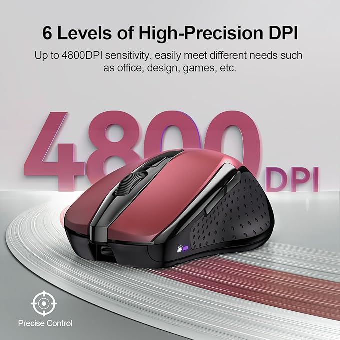 TECKNET Wireless Mouse (BT5.0/3.0 & 2.4G) Rechargeable 4800 DPI Silent USB A & Bluetooth Mouse 6 Buttons, Wide Compatibility - Red