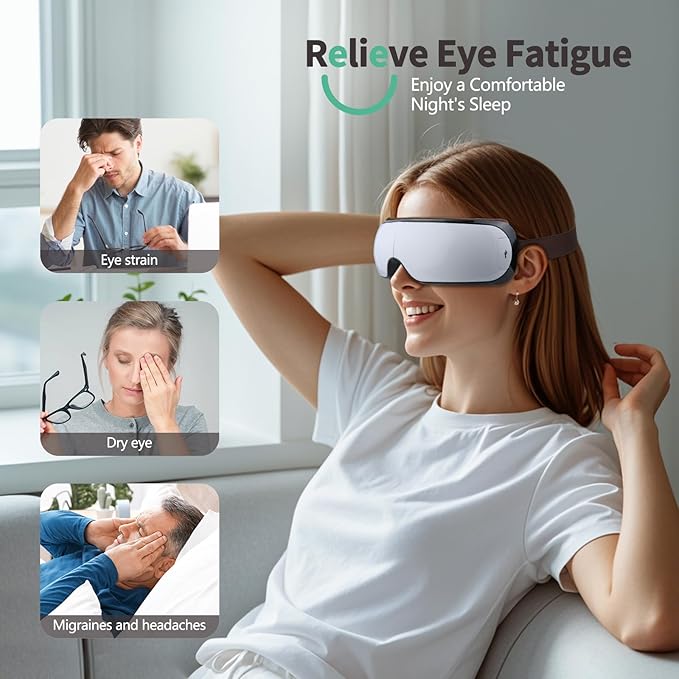 Heated Eye Massager with Music & Compression, Eye Mask for Migraines, Dry Eyes & Dark Circles Relief, Sleep Improvement, Portable Massager for Women & Men