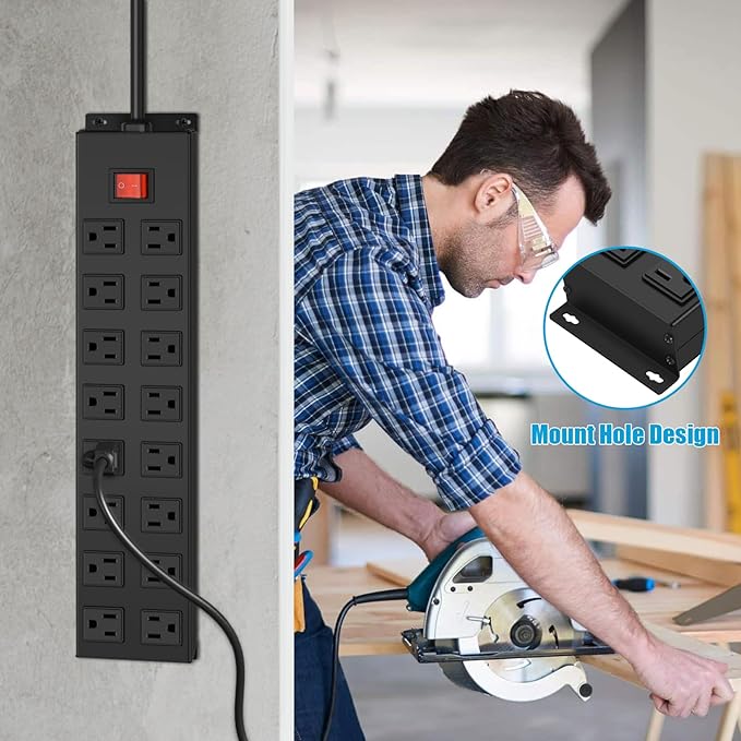 HHSOET Metal 16 Outlet Mountable Power Strip, Wall Mount Garage Workbench Socket, Gaming Table Surge Protector with 3 FT Power Cord.(Black)