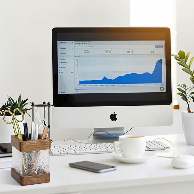 MultiBey Walnut Wooden Pencil Holder, Clear Acrylic and Wood Pen Holder, Black Walnut Desktop Pencil Cup Stand Wood Desk Accessory Organizer for School Office Home Supplies