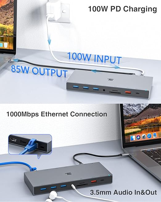 Tiergrade 15-in-1 Docking Station, 4K Triple Display Dock with 2HDMI&DP, 100W PD Charging, 10Gbps USB-C/USB-A Data Trasfer, 3USB-A Ports with 5Gbps, SD/TF, LAN, Audio for MacBook/USB-C Windows