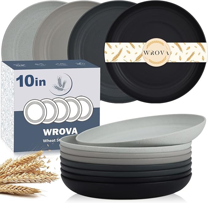 Wheat Straw Dinner Plates - 10 Inch Unbreakable Set of 8 - Dishwasher & Microwave Safe Reusable Plates - Lightweight for Kitchen, Camping (Classic Series)