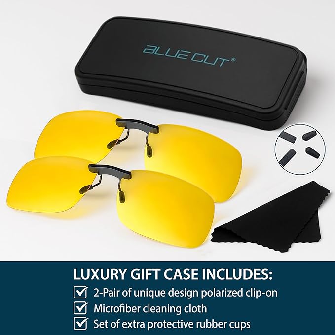BLUE CUT Clip on Polarized Night Vision, Driving Sunglasses UV 400 Blocker To Wear Over Prescription Glasses