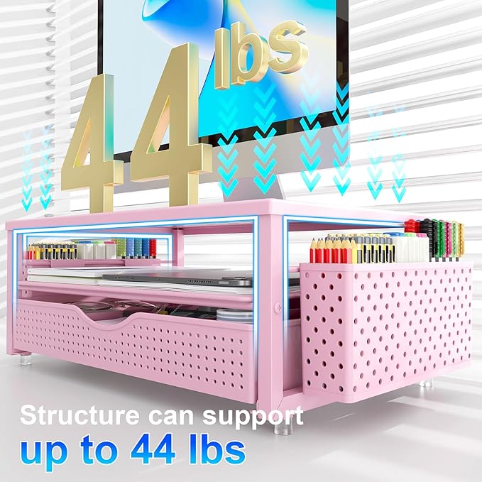 gianotter Desk Organizers and Accessories, Monitor Stand with Drawer and 2 Pen Holder, Desktop Organizer Suitable for Offices and Dormitories (Pink)