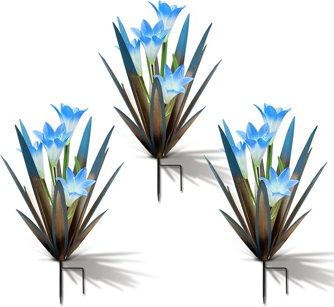 Homight Metal Agave Plant Outdoor Decoration Lily Mexican Yard Art Garden Gift - 3 Big Blue Lilies