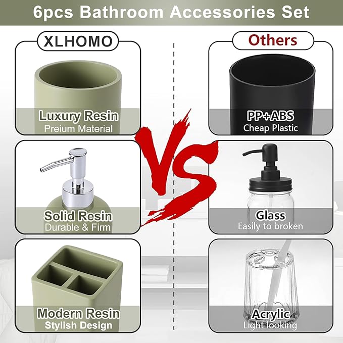 Resin 6 Pcs Green Bathroom Set Complete with Toothbrush Holder, Lotion Soap Dispenser, 2 Qtip Holder Dispensers,Vanity Tray,Bathroom Tumbler - Countertop Vanity Organizer - Bathroom Accessories