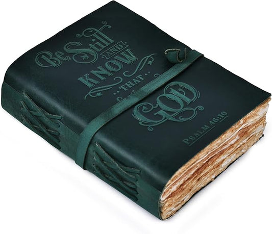 LEATHER VILLAGE Vintage Leather Journal with Psalm 46:10 Bible Verse–10''x7'' Embossed Prayer Study Journal for Women & Men – 200 Pages Handmade Cotton Deckle Edge Watercolor Paper - Turquoise