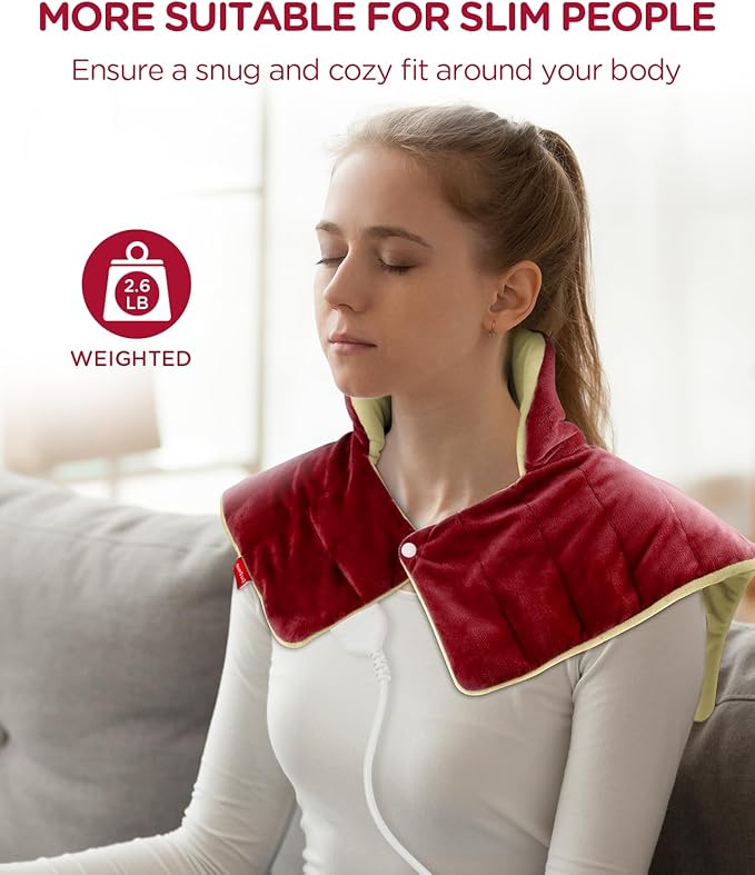 Heating Pad for Neck and Shoulders and Back, Comfytemp Weighted Electric Heat Pad for Pain Relief, 2.6lb Large Heated Wrap, 9 Heat Settings, 11 Auto-Off, Women Men Birthday Gifts Red