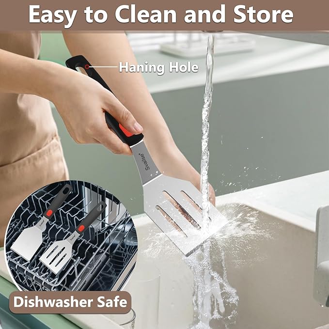 2Pcs Stainless Steel Spatula Set, Metal Turners for Kitchen Use, Metal Cooking Utensils for Cast Iron Skillet with Silicone Handle, Spatula Flipper for Frying Egg, Brownie, Cookies or Pancake