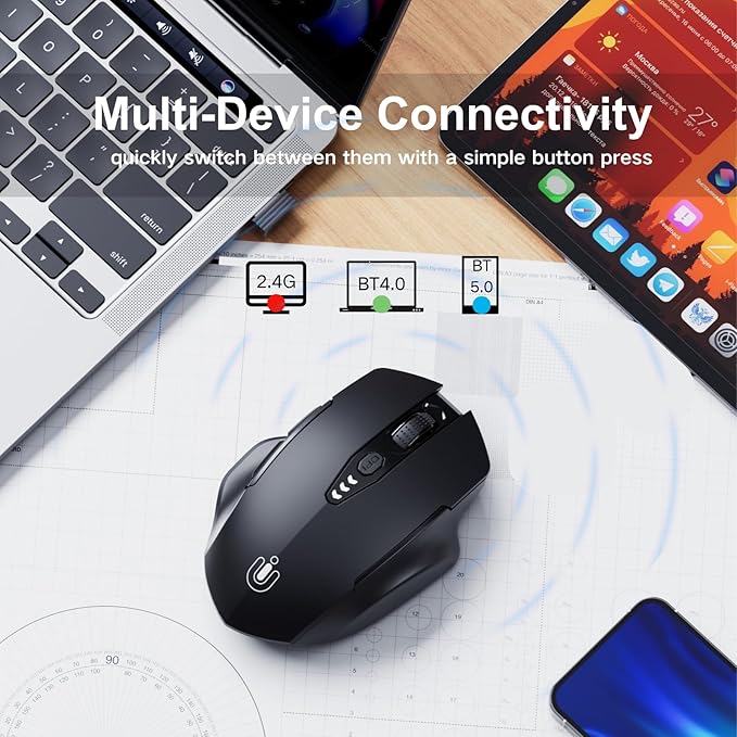 Uineer Wireless Bluetooth Mouse,[Upgraded] Rechargeable (BT 5.0/4.0+2.4G Hz),Computer Mouse with Visible Battery Level, 4 Adjustable DPI, Portable PC Mouse for MacBook Chromebook,Black
