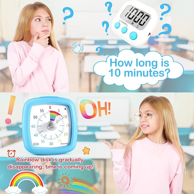 Secura 60-Minute Visual Timer, Silent Study Timer for Kids and Adults, Time Clocks, Time Management Countdown Timer for Teaching (Blue & Cloud)