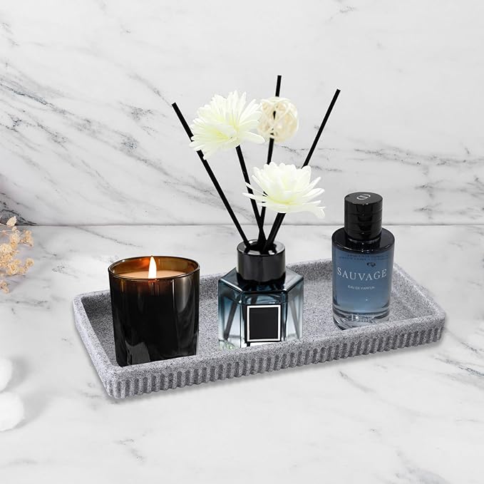 Resin Grey Bathroom Accessories Set 5 Pcs, Lotion Soap Dispenser, Toothbrush Holder, Bathroom Tumbler, Qtip Holder and Vanity Tray, Bathroom Countertop Organizer Set for Modern Home Apartment