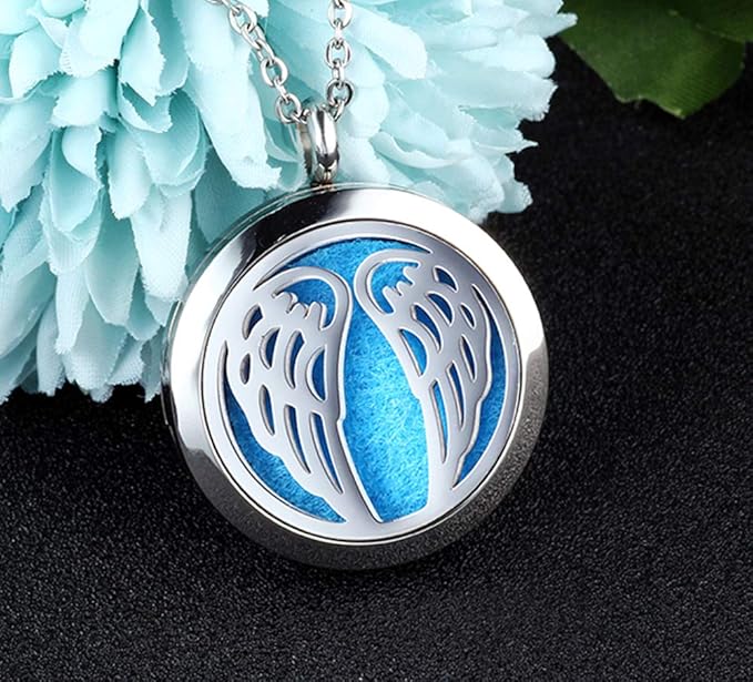 Aromatherapy Essential Oil Diffuser Necklace Stainless Steel lnspirational Locket Pendant(Angel Wings)