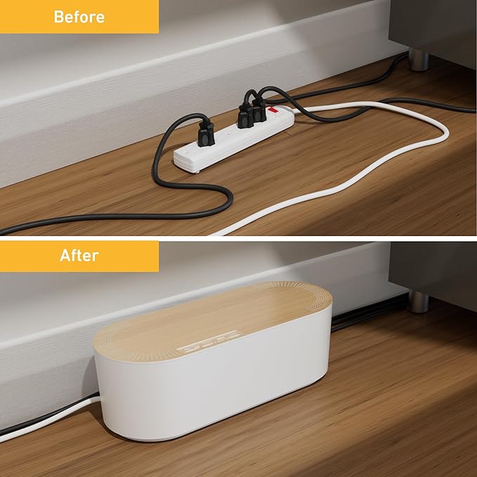 D-Line Cable Management Box, Power Strip Holder, Floor Outlet Hiders, Desk Cord Organizer, Cover TV Wires, Wire Storage, Extension Hider, Office Concealer for Cords - Small, Wood-Effect Lid