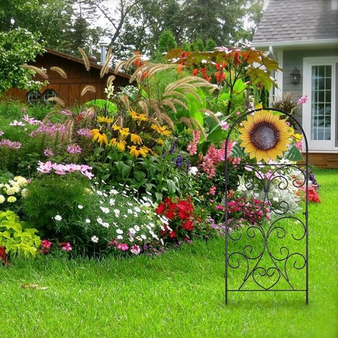 hogardeck Garden Decor for Outside, 34" Sunflower Decorative Garden Stakes for Spring Outdoor Decor, Rustproof Metal Trellis for Climbing Plants Porch Patio Lawn Yard Art