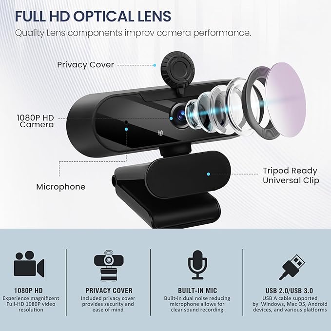 USB HD 1080P Video Webcam and Wide Angle Camera with Built-in Microphone and Rotatable Tripod,for Laptop Computer or Desktop PC,Great for Live Streaming.Calls.Video Conferencing(Black)