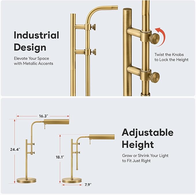 VONLUCE Rustic Desk Lamp, Adjustable Industrial Style Metal Table Lamp, 3 Color Temperatures LED Reading Lamp for Living Room Bedroom Office, Antique Gold