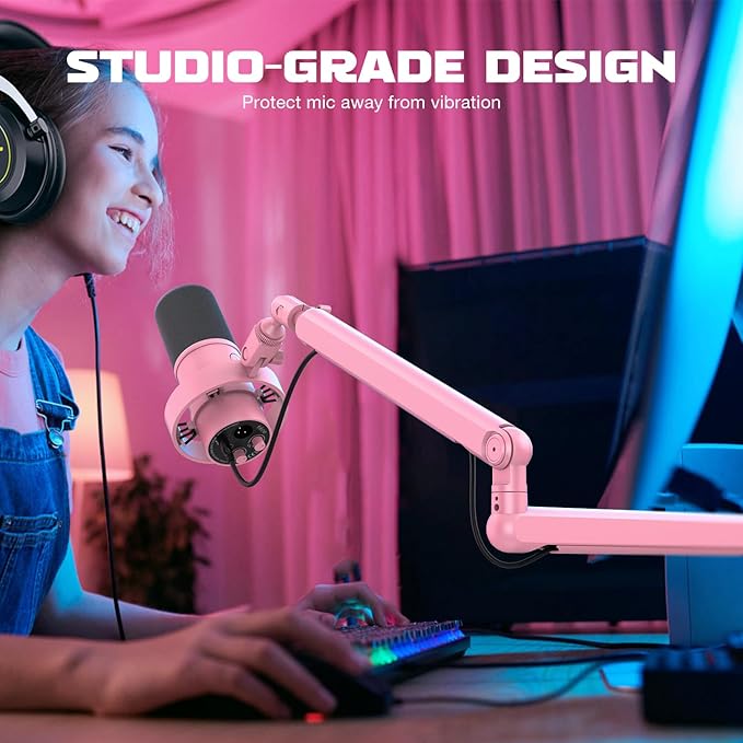 FIFINE Low Profile Boom Arm Mic Stand, Microphone Stand with Cable Management Channel, Desk Clamp, Screw Adapter for Streaming Podcast Recording, Adjustable Metal Mic Boom Arm Pink-BM88P