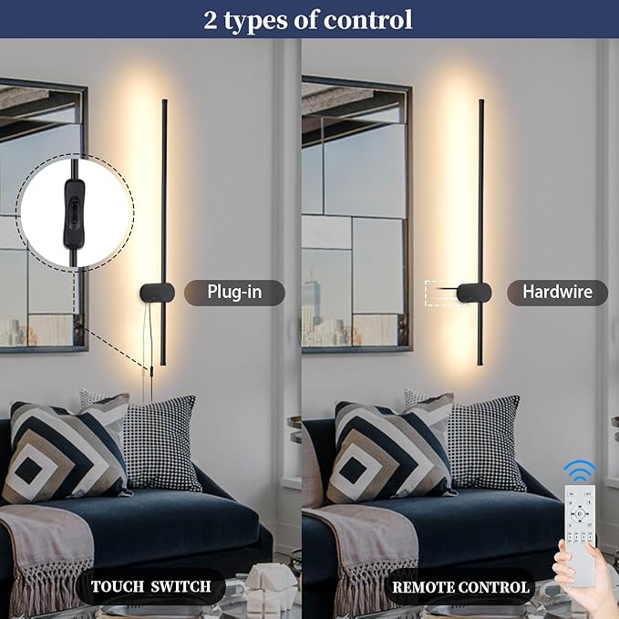 Dimmable Plug in Wall Sconce Set of 2,Black 31.5" LED Wall Light with Remote,Adjustable Color Temperature Brightness,Wall lamp with Timer for Living Room,Bedroom and Accent Lighting