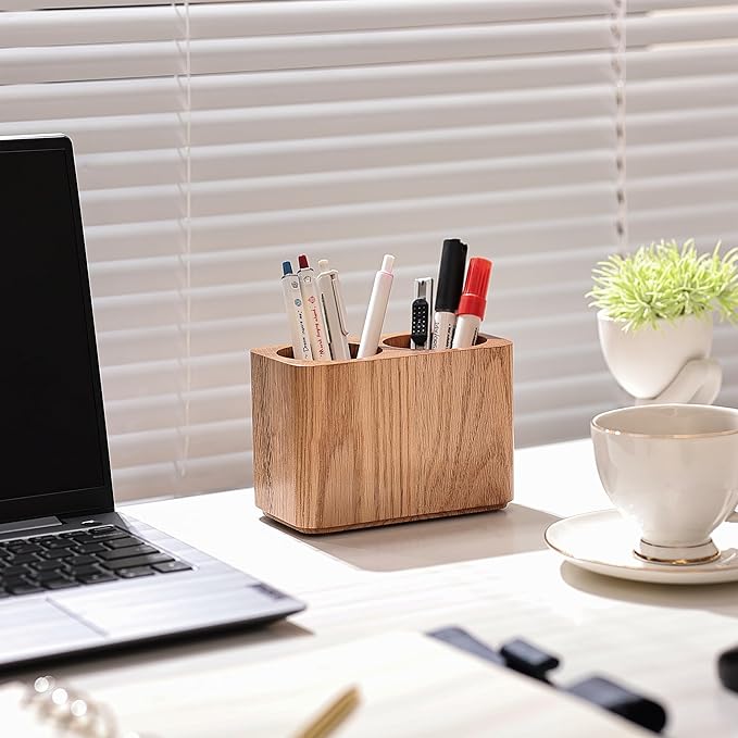 Oak Solid Wood Pen &Pencil Holder for Desk, Office Stationery Organizer, Table Pencil Cup Stand,Desk Accessories Holder, Two Cups Practical Design. (Nature Oak)