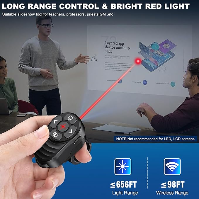 2 in 1 Presentation Clicker with Laser Pointer Finger Ring Clicker Rechargeable Presentation Clicker Long Distance PPT Clicker Remote Wireless Clicker Laser Pointer for Classroom Teacher Projector