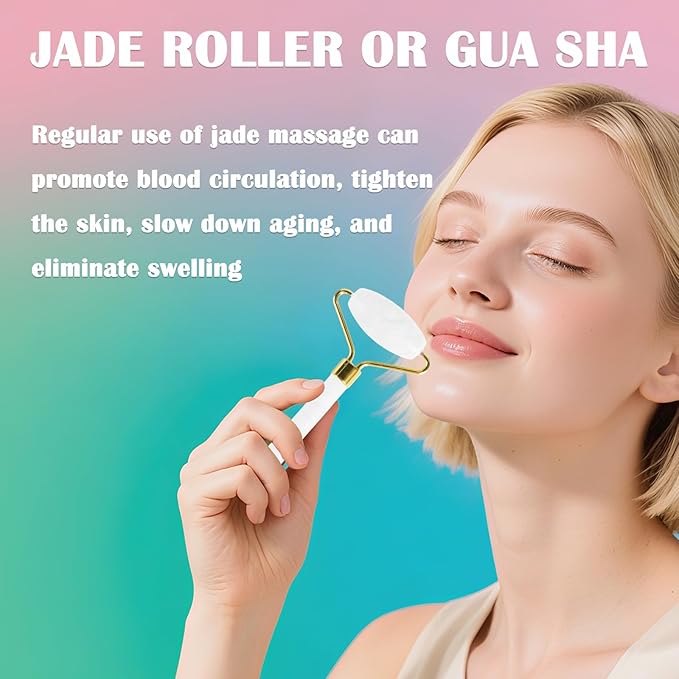 Jade Roller Gua Sha Tools – Nature Gua Sha Facial Tool Skin Tightening Face Massager Anti-Aging Jade Face Roller Puffiness Reducing Guasha Stone for Women Men (White)